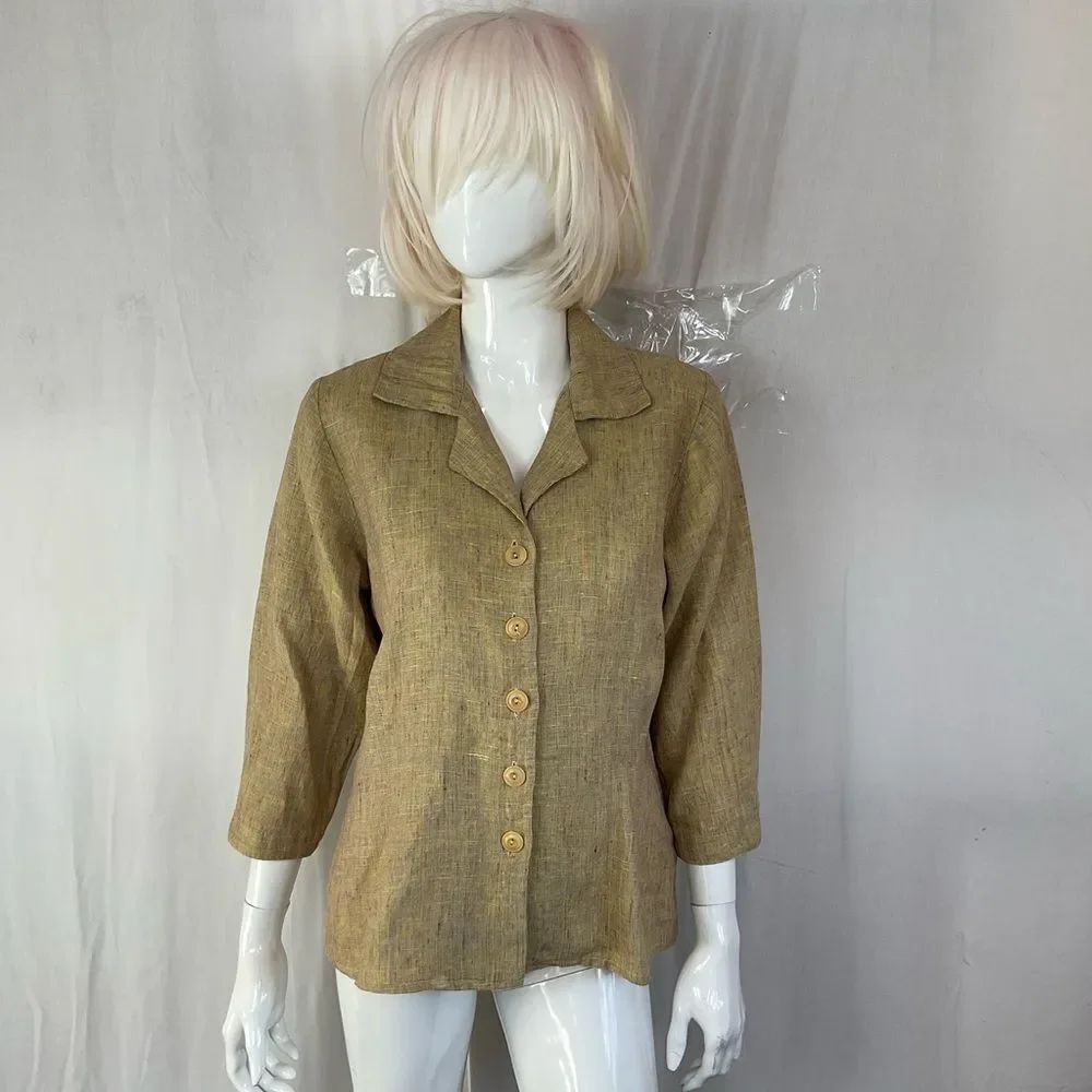 Flax Beigeโ100% Linen Button Front 3/4 Sleeves Notch Collar Blazer Jacket Size S